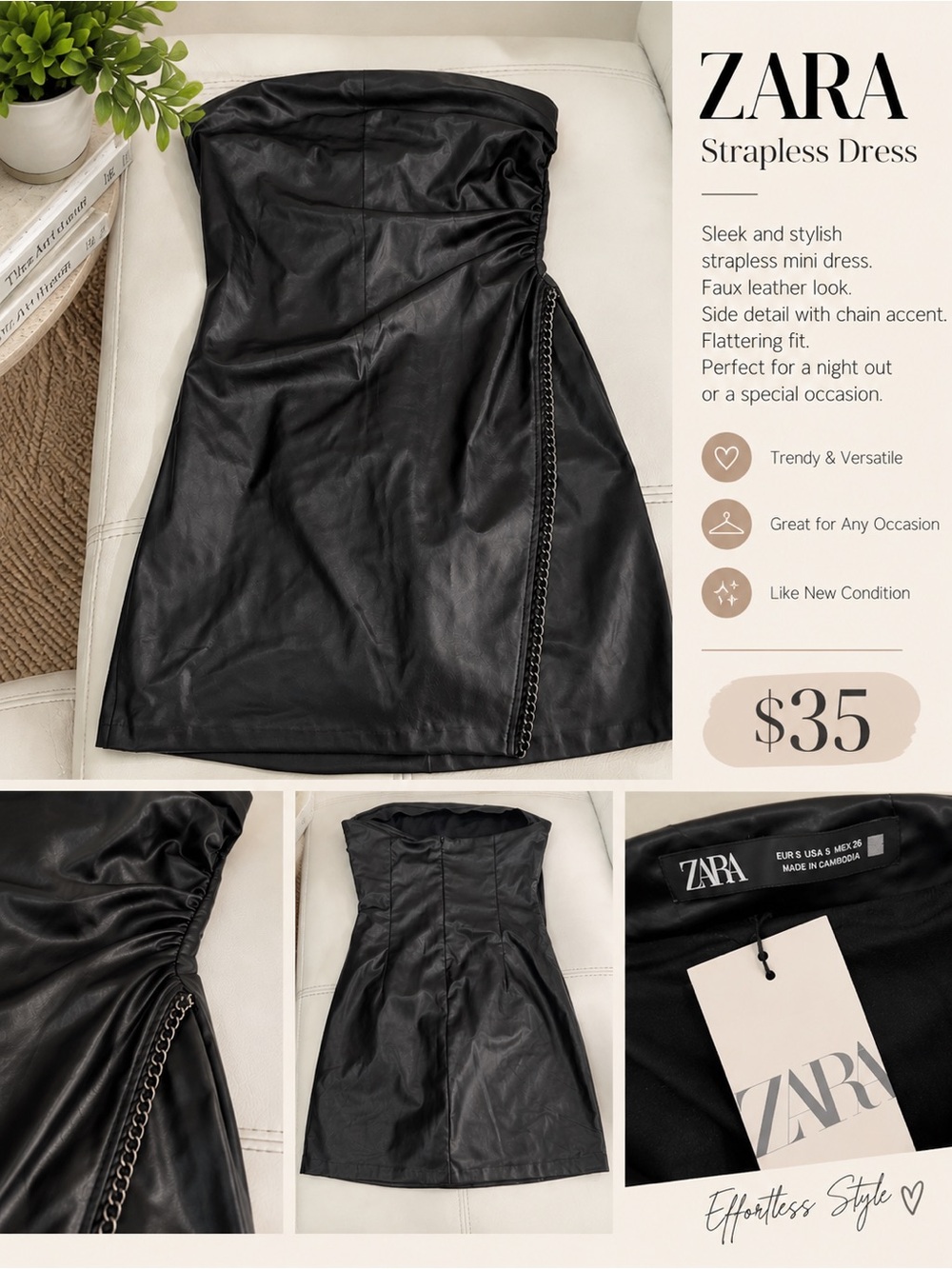 Zara Black Strapless Faux Leather Mini Dress with Chain Detail